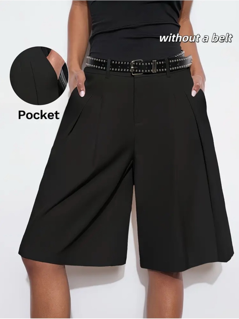 Black Wide-Leg Bermuda Shorts with Front Pockets